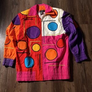 Vintage 1991 L.B. Diffusion Linen Jacket Colorblock Abstract Art Bomber Size M/L